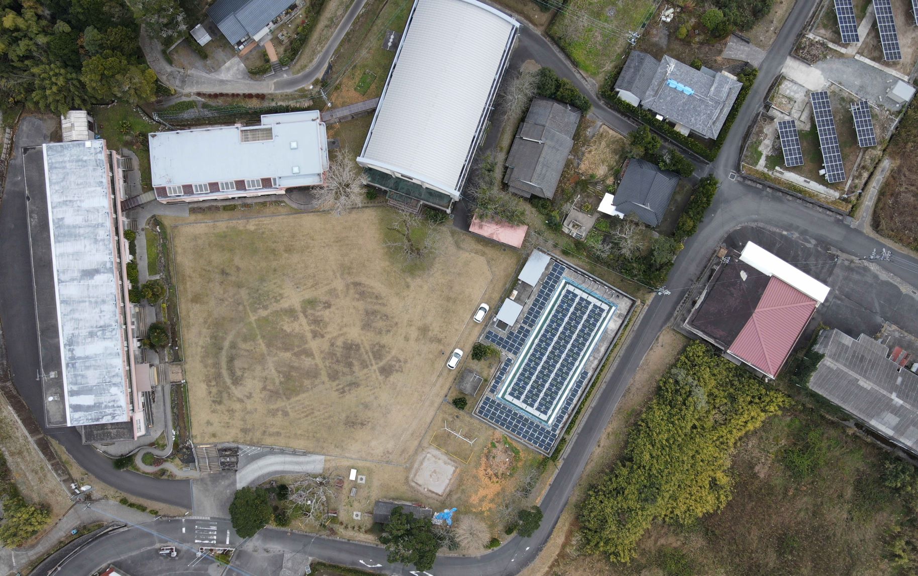 Floating solar plant on a swimming pool - Higher top view