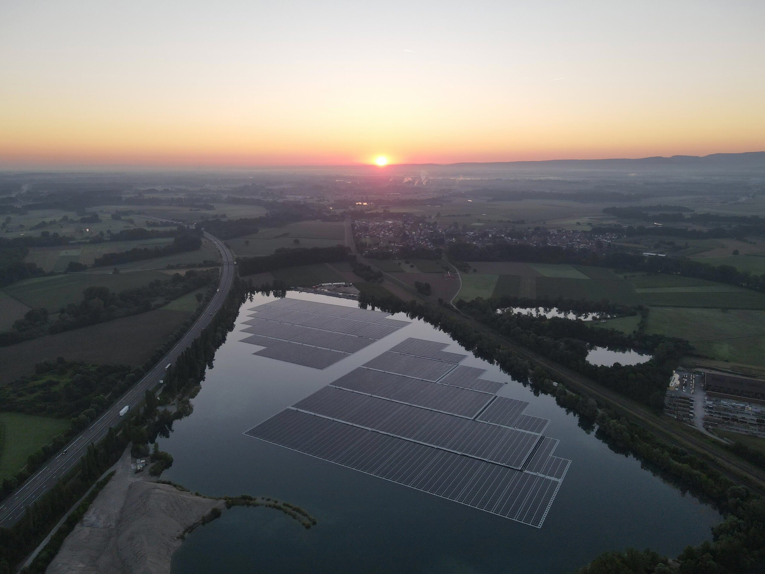 Leutenheim FPV plant under sunset, France - Ciel & Terre for Générale du Solaire